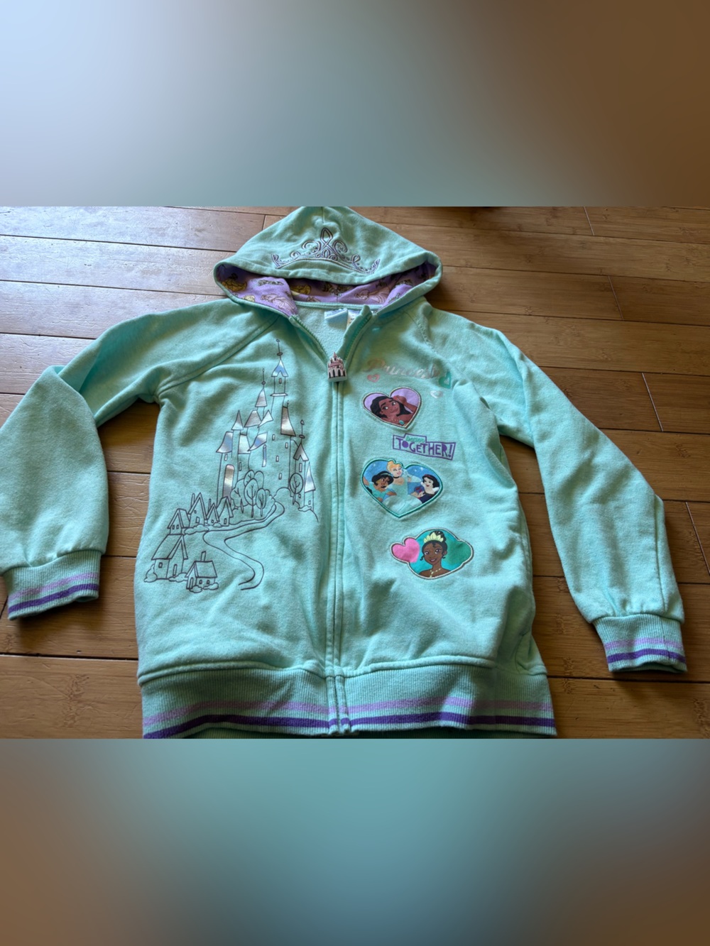 Disney Blue Princess Hoodie with Castle and Character Patches.